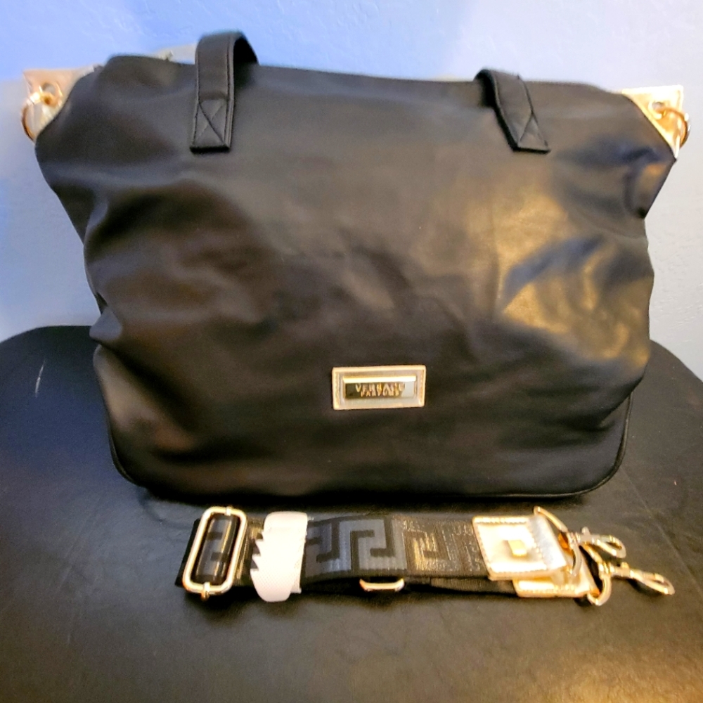 Versace Tote Bag Holdall Weekender Black Metallic Gold Large Handbag RARE NEW